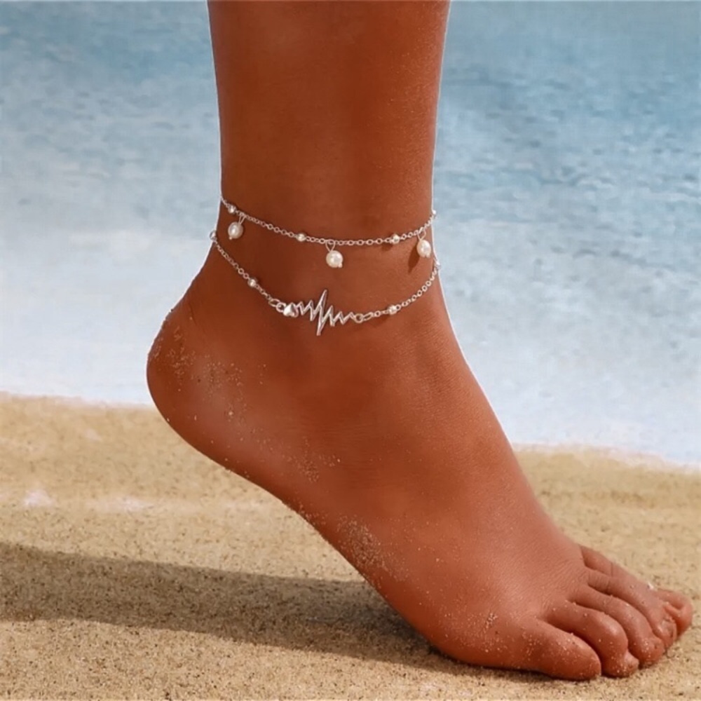 💜10/$25💜NEW 2 Layered Heartbeat Pearled & Beaded Chain Anklet - Picture 7 of 8